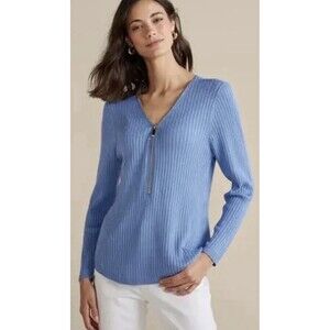 NWT Soft Surroundings Valentina Zip Ribbed Sweater L Blue Gold Soft Casual